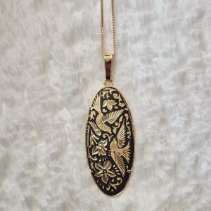 Vintage Damascene Bird & Floral Oval Pendant